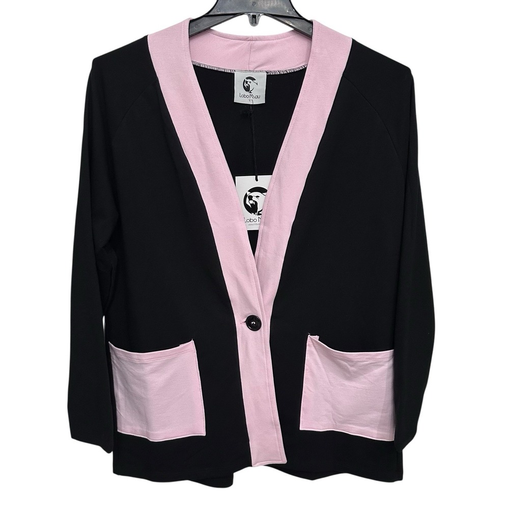 Lobo Mau Womens Black Pink Pocket Button Front Cardigan Size Large‎